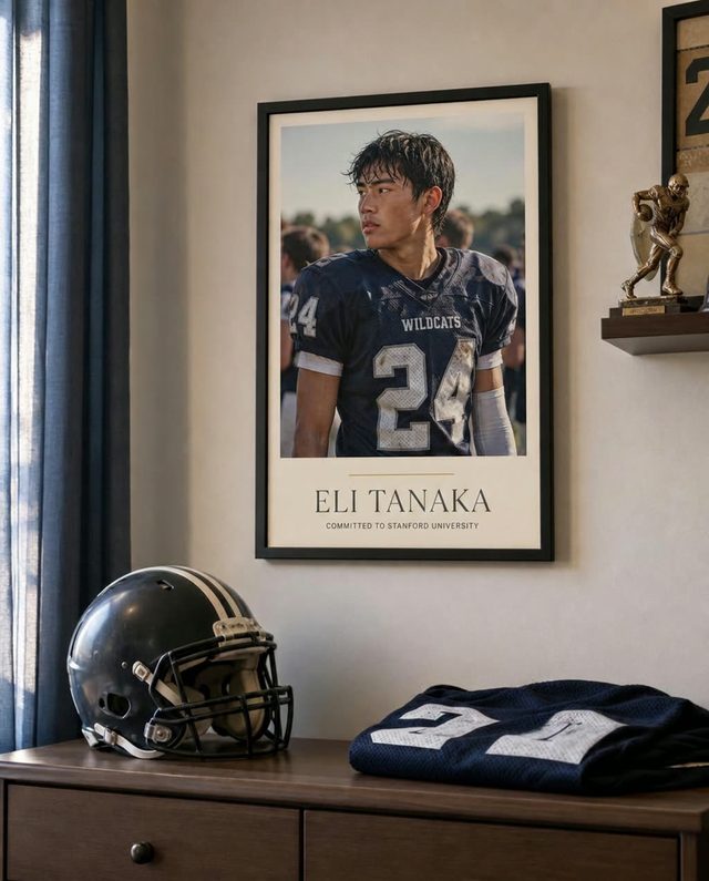 A framed GameYears athlete print hanging above a dresser in a teenager's bedroom