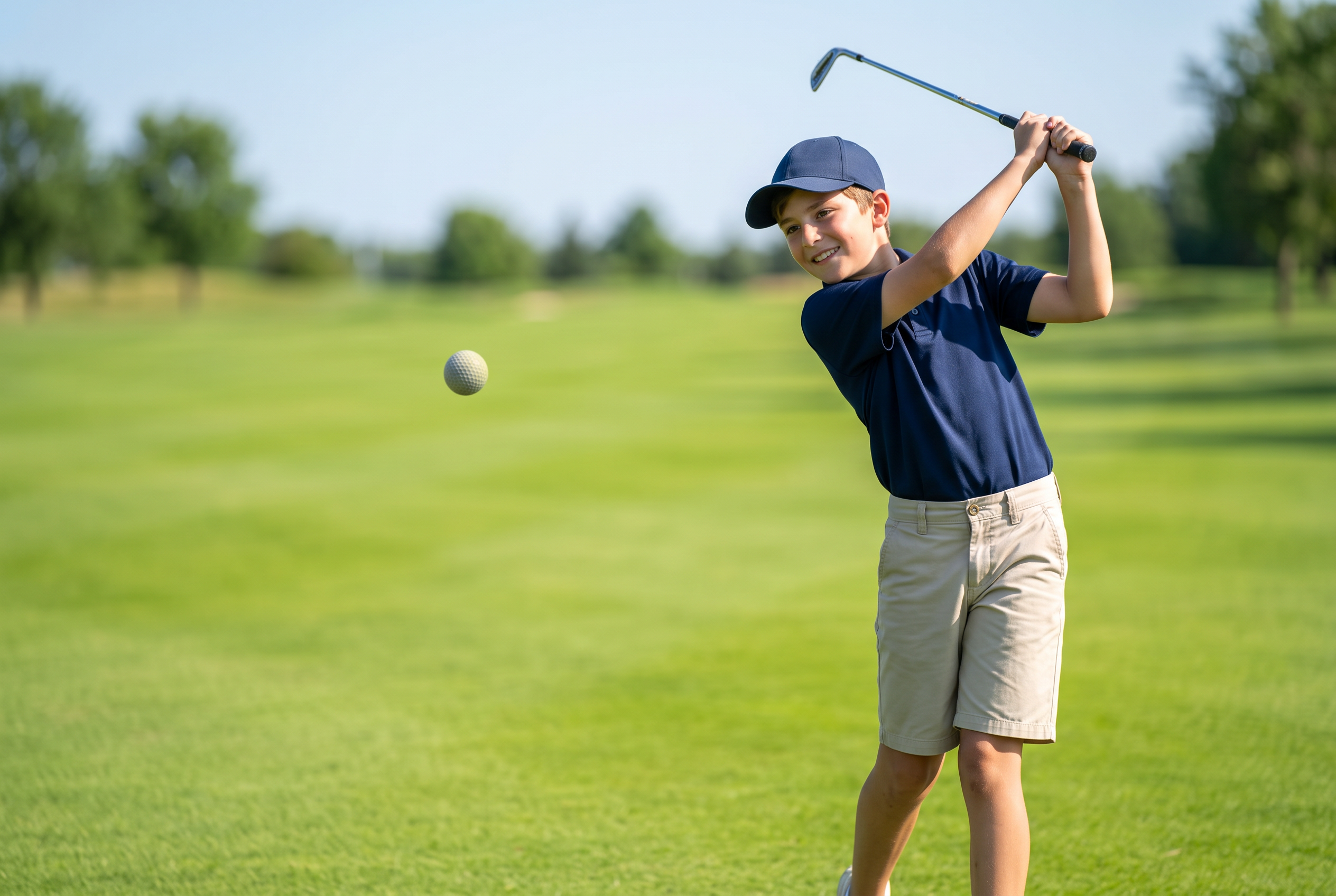 Junior-age Jack Ellis mid-swing on a sunlit golf course