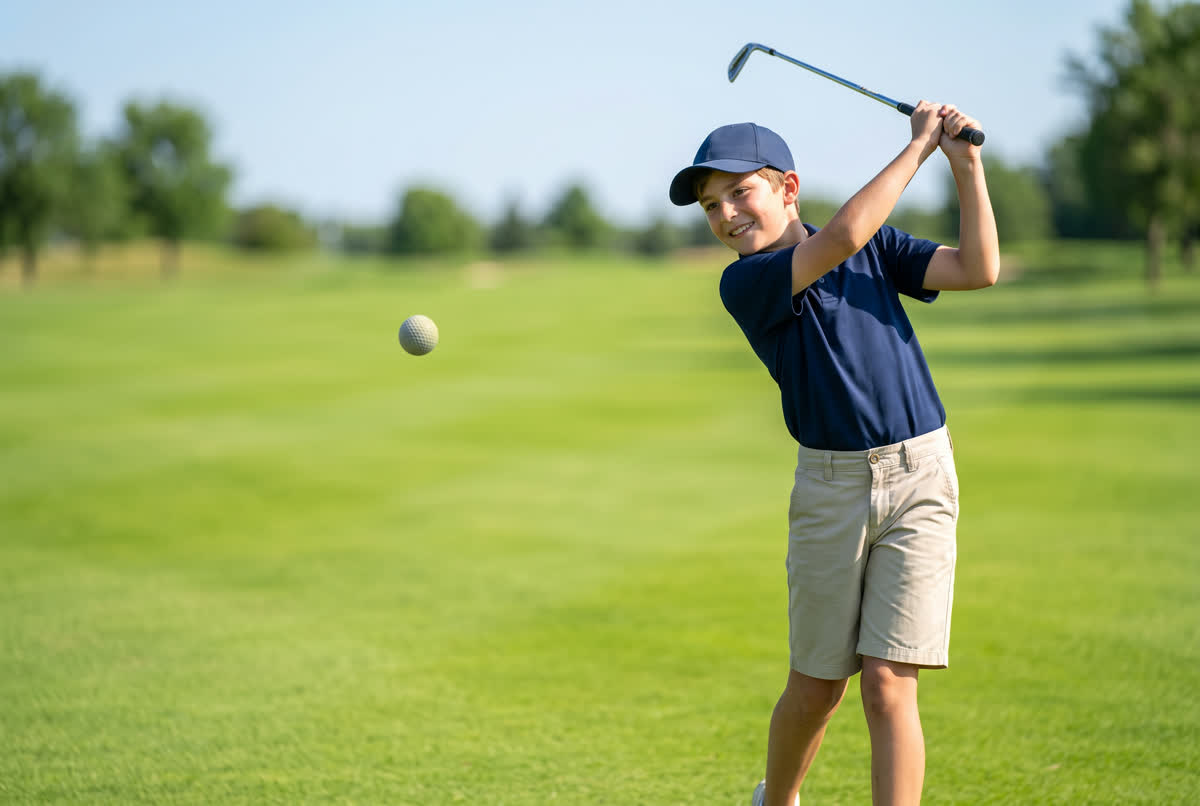 Junior-age Jack Ellis mid-swing on a sunlit golf course