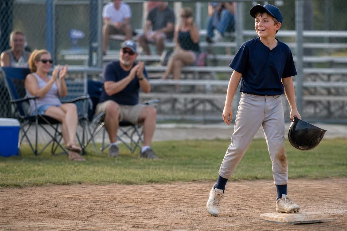 A nine-year-old baseball player in his helmet at his first tournament weekend, bright afternoon sun on the grass