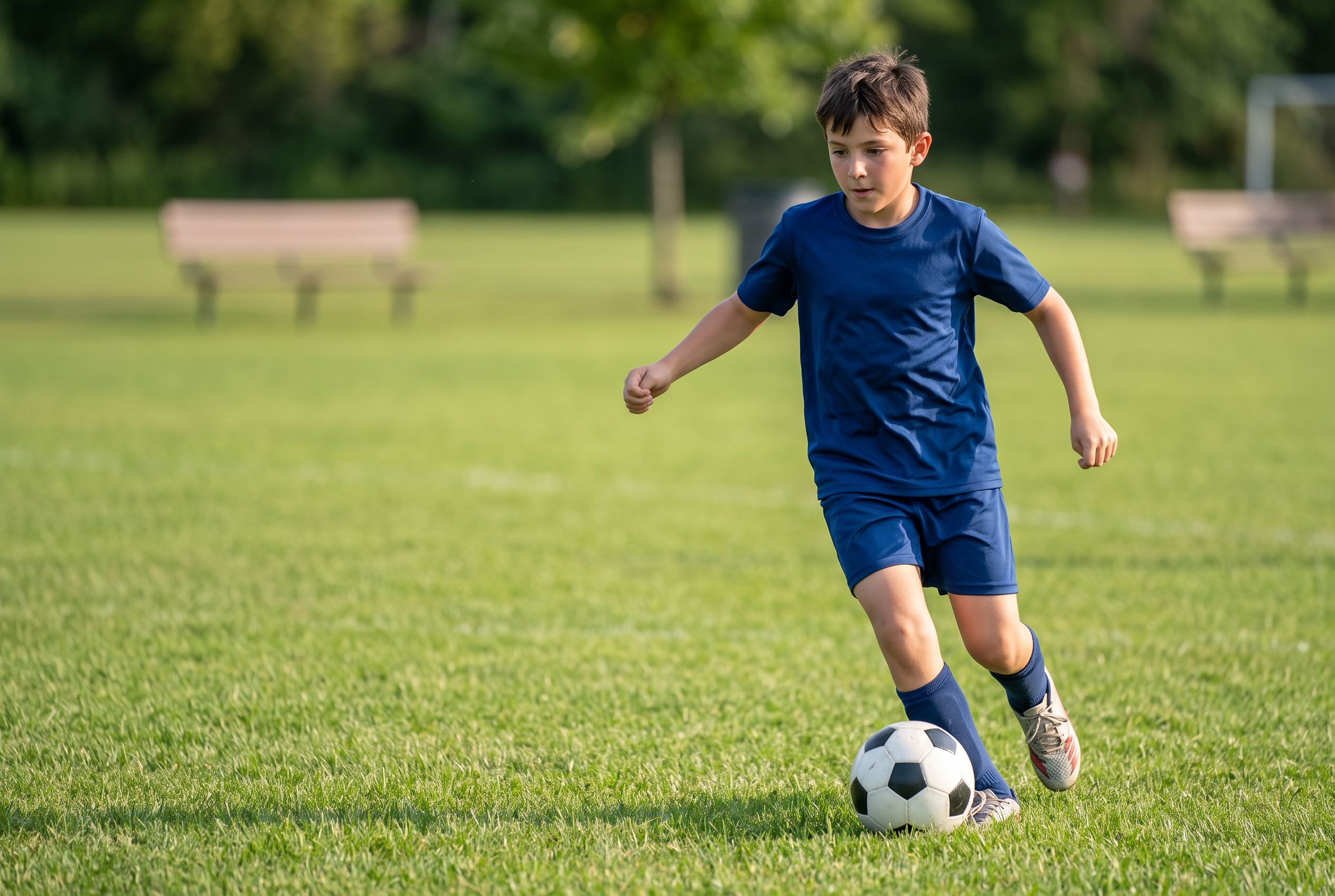 Youth soccer, age ten — the ball at his feet on bright grass