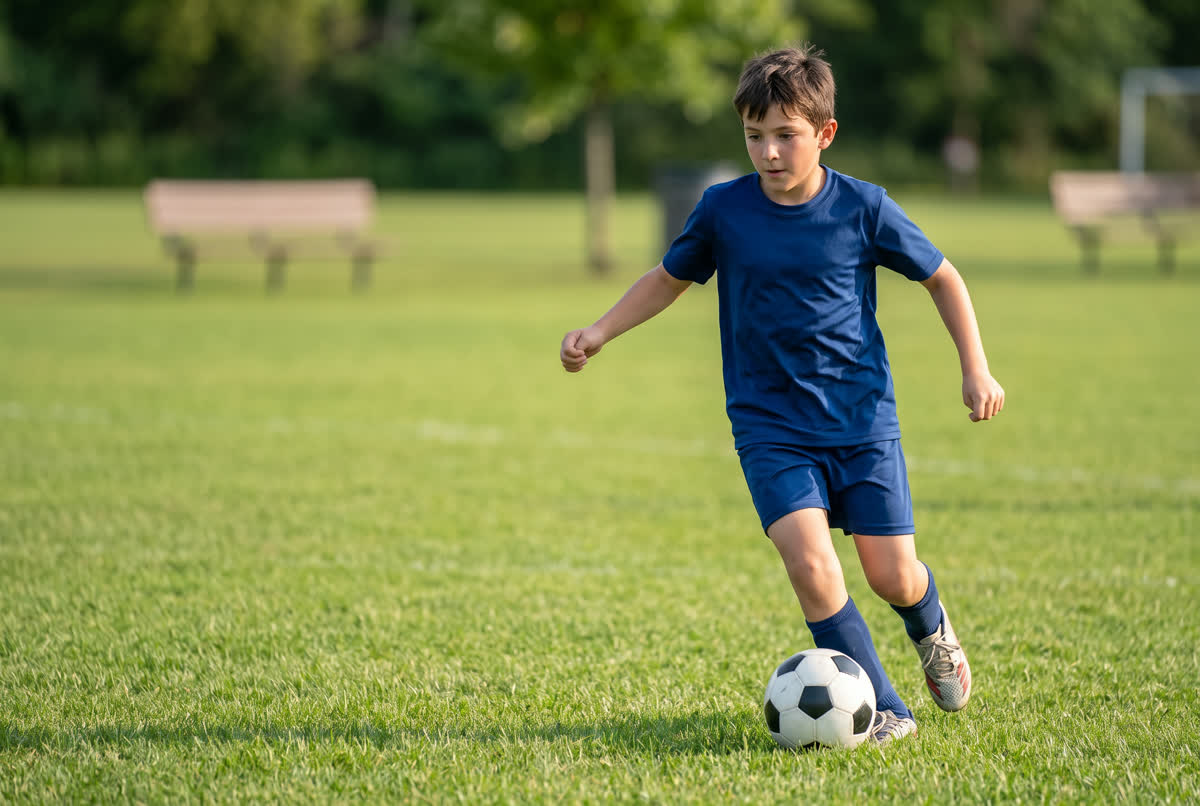 Youth soccer, age ten — the ball at his feet on bright grass