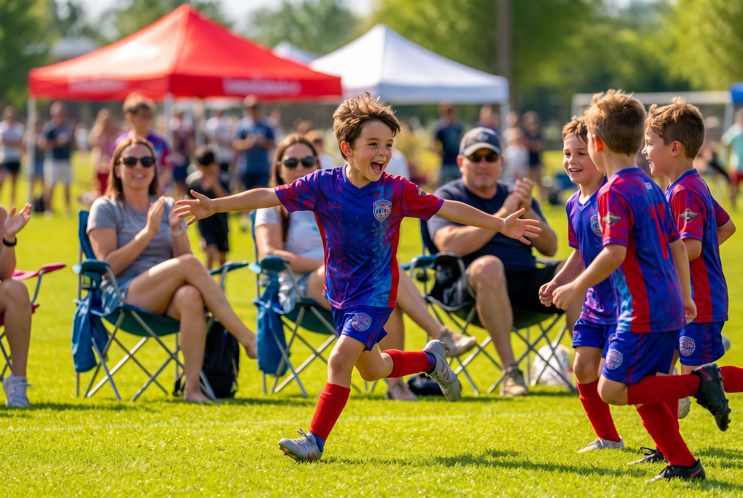 Young Jack Ellis celebrating a goal on a bright autumn youth soccer field