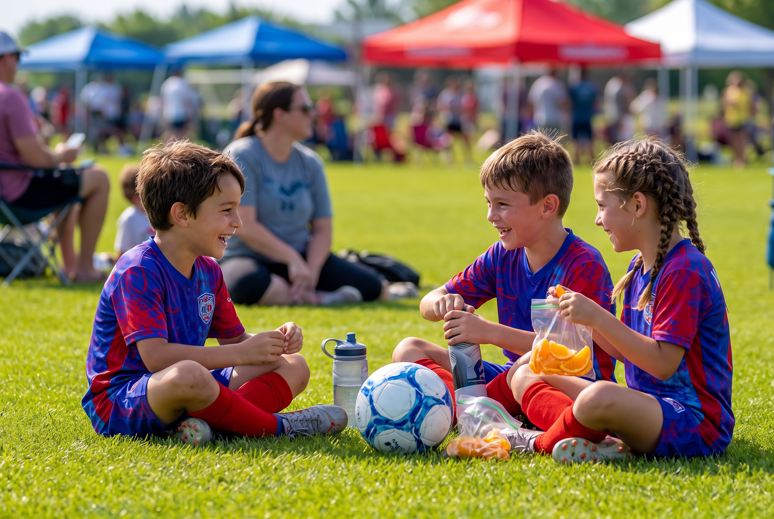 Sitting on the grass with teammates between matches