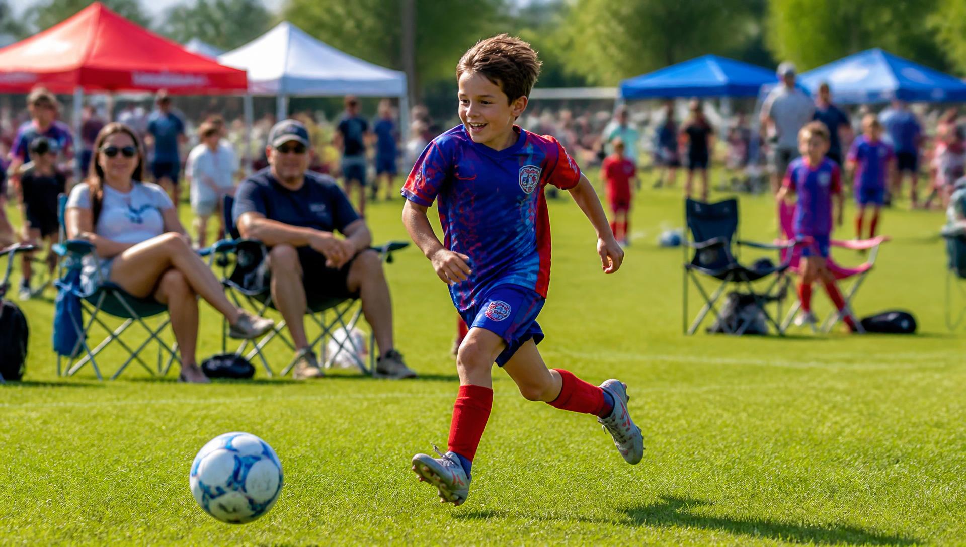A ten-year-old running onto the ball at a bright youth soccer tournament, families along the sideline