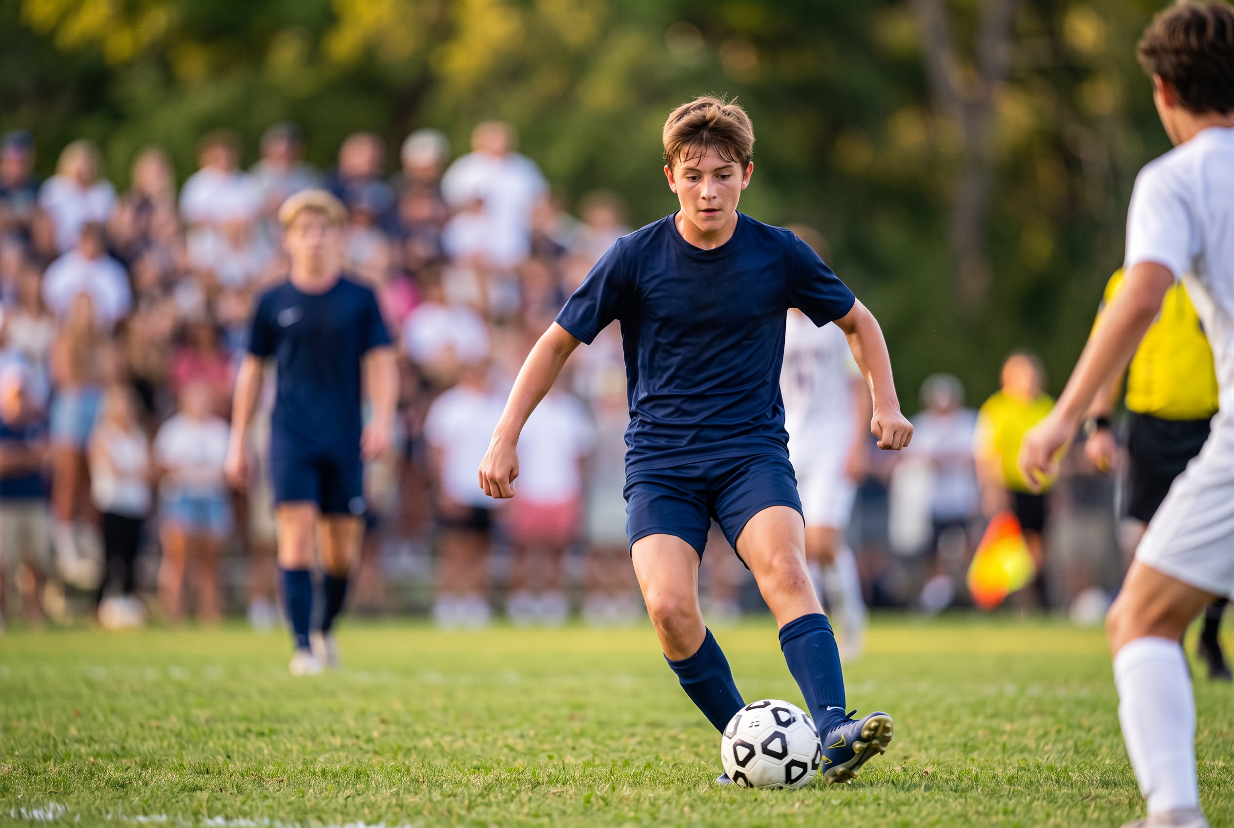 A freshman soccer player driving the ball forward in bright sunlight