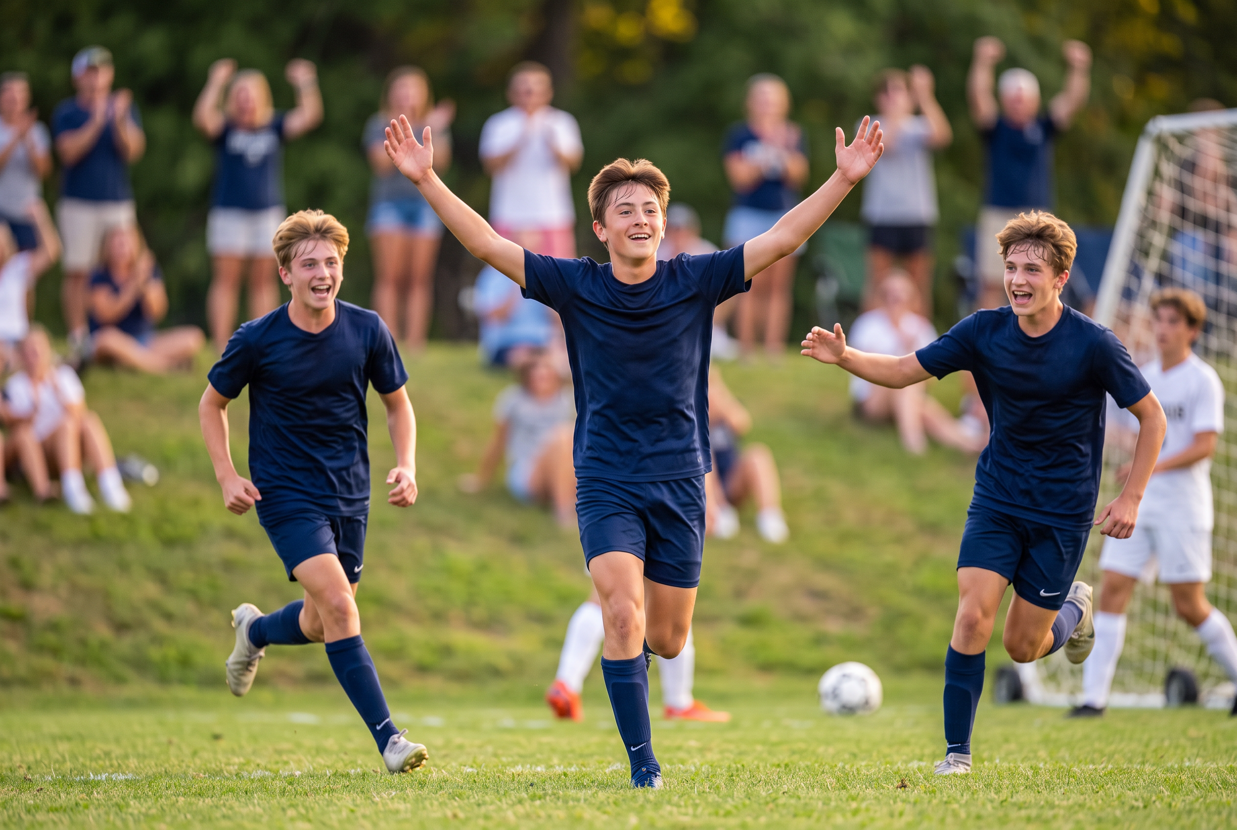 A freshman soccer player celebrating with teammates and spectators after a decisive goal