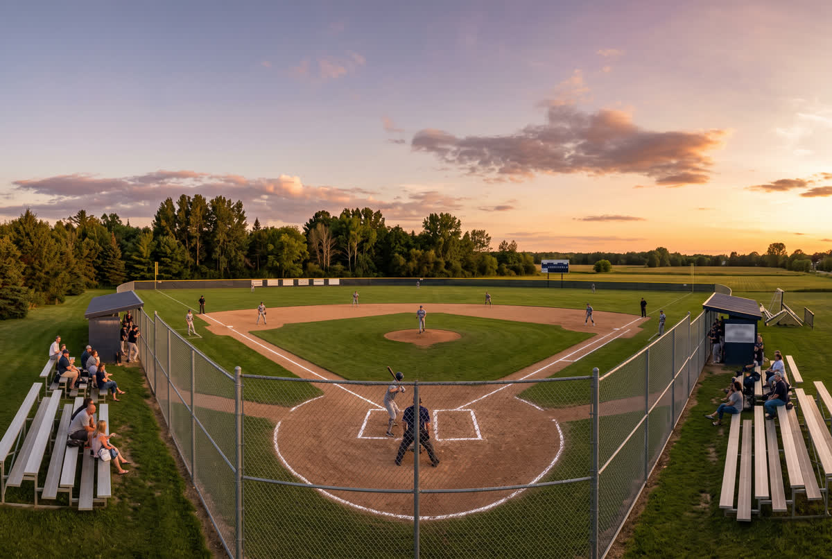 A high school baseball field in warm late-afternoon light