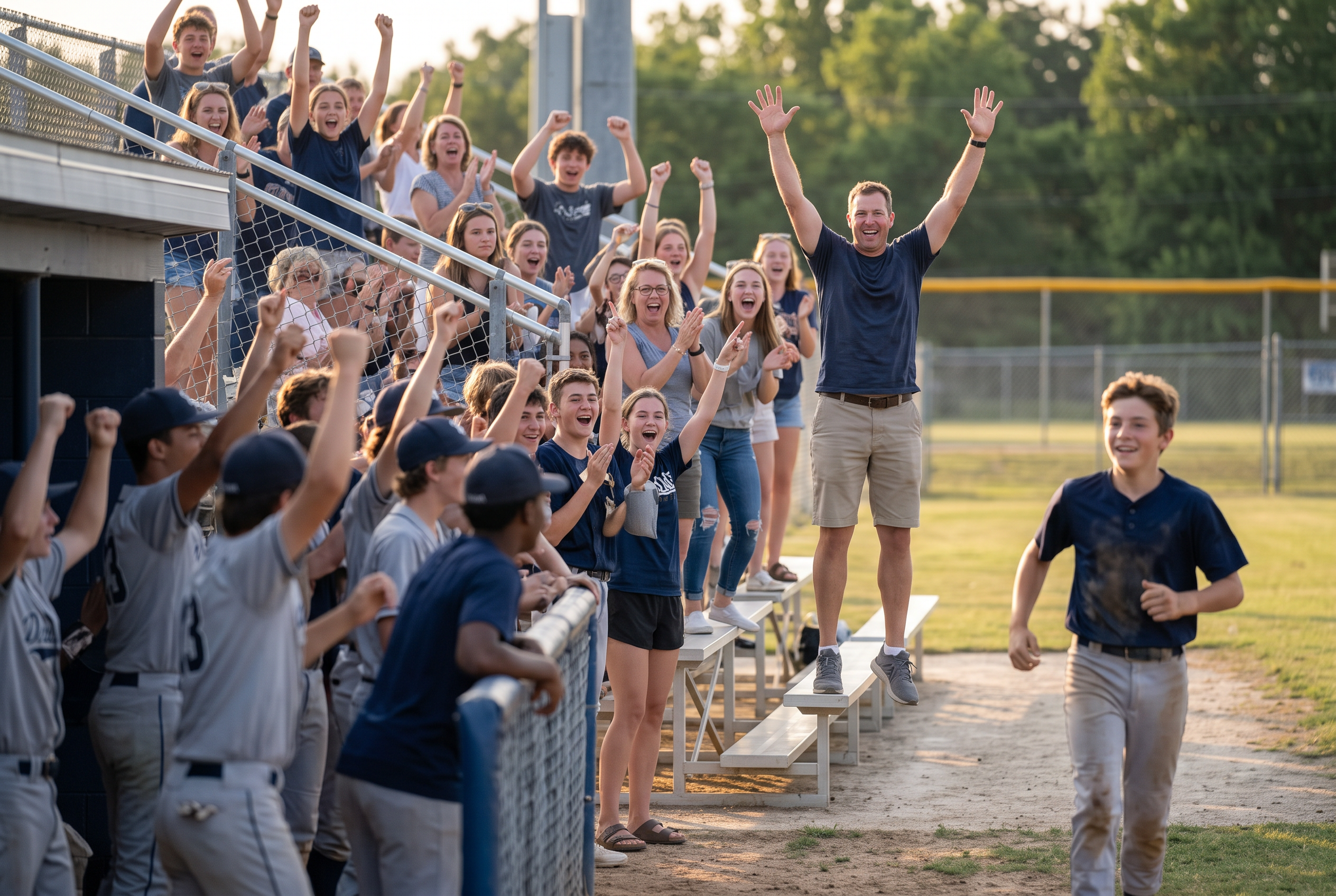 Sophomore baseball — the dugout on its feet after the go-ahead hit