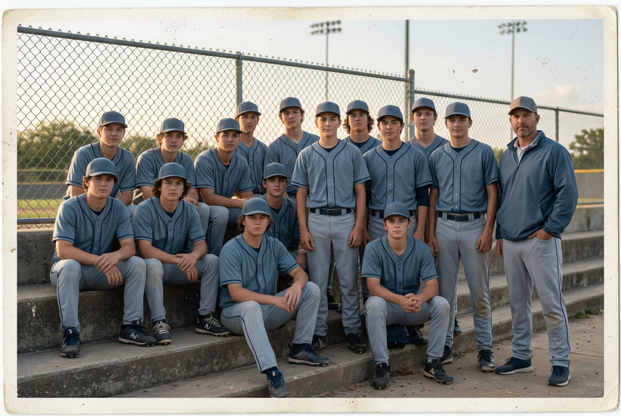 A printed sophomore baseball team photograph on the dugout steps
