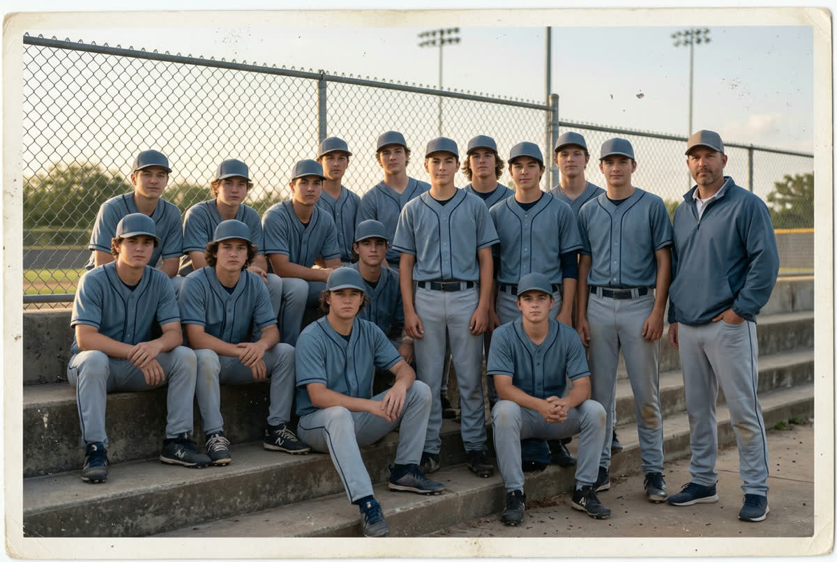 A printed sophomore baseball team photograph on the dugout steps