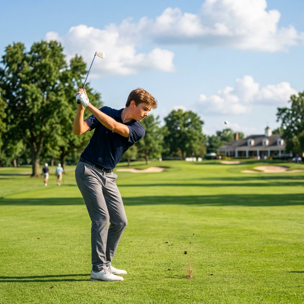 High school golf — a tee shot on a bright morning course