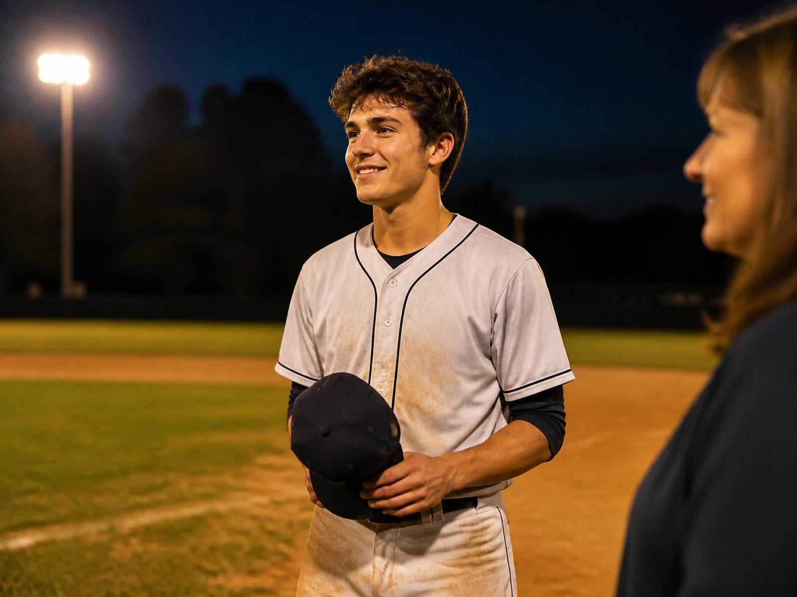 A senior baseball player holding his cap after a night game under warm stadium lights