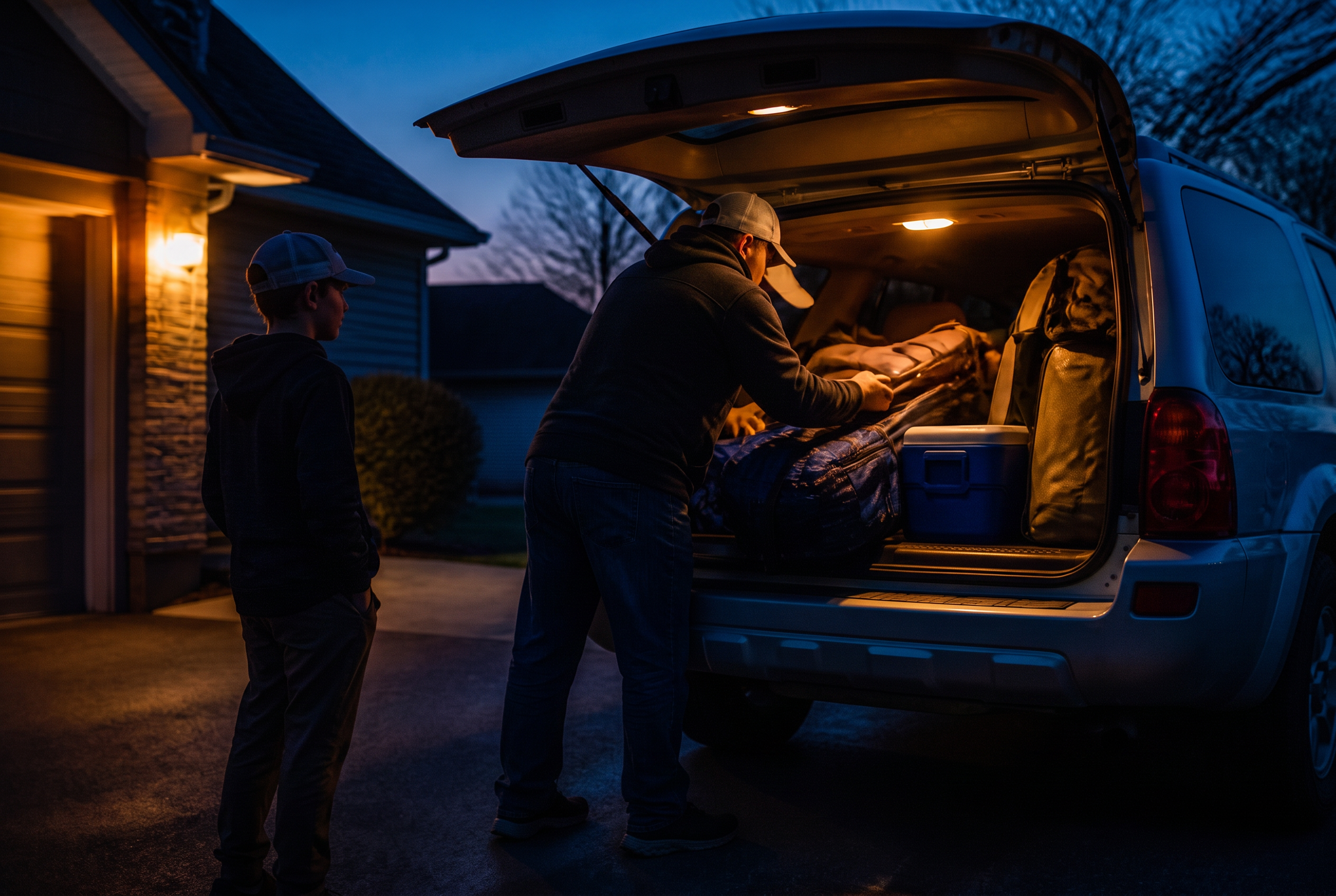 The car loaded before sunrise for a tournament drive