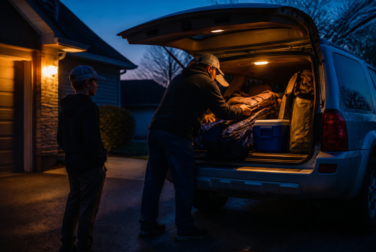 The car loaded before sunrise for a tournament drive
